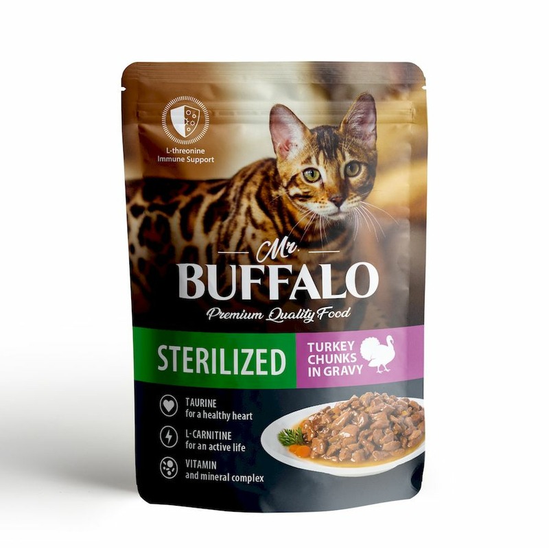 цена Mr. Buffalo Sterilized влажный корм для стерилизованных котов и кошек, с индейкой, кусочки в соусе, в паучах - 85 г