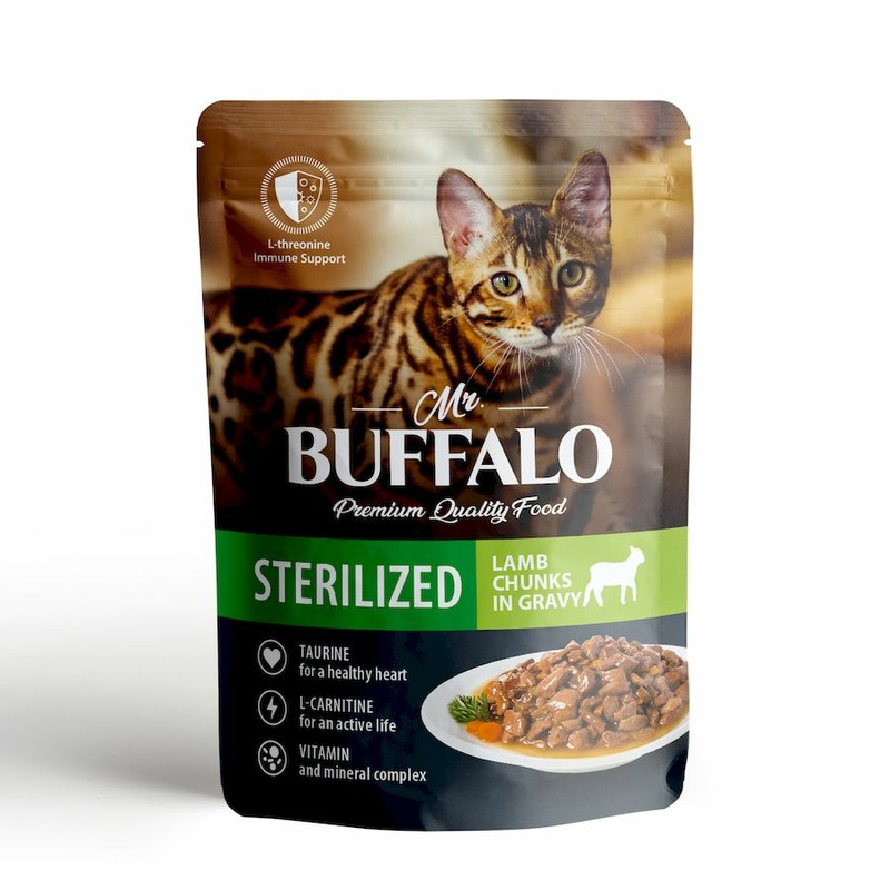 цена Mr. Buffalo Sterilized влажный корм для стерилизованных котов и кошек, с ягненком, кусочки в соусе, в паучах - 85 г