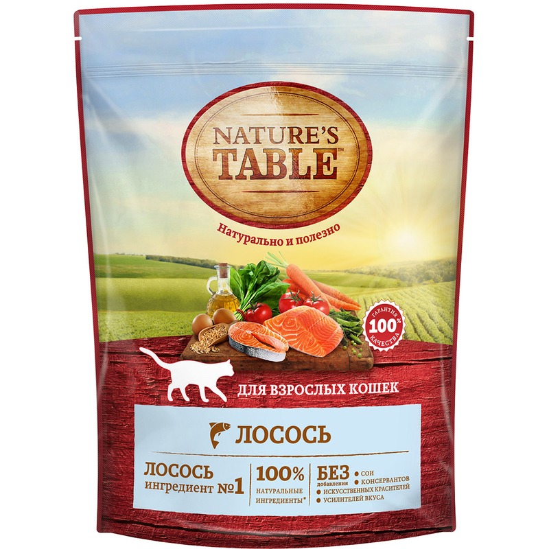 цена Nature`s Table полнорационный сухой корм для кошек, с лососем - 650 г