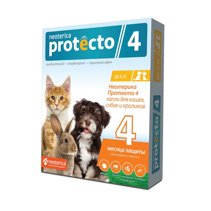 Neoterica Protecto капли от блох и клещей для кошек и собак весом до 4 кг, 2 пипетки капли на холку для кошек и собак 4 10 кг neoterica protecto пипетка 2 шт