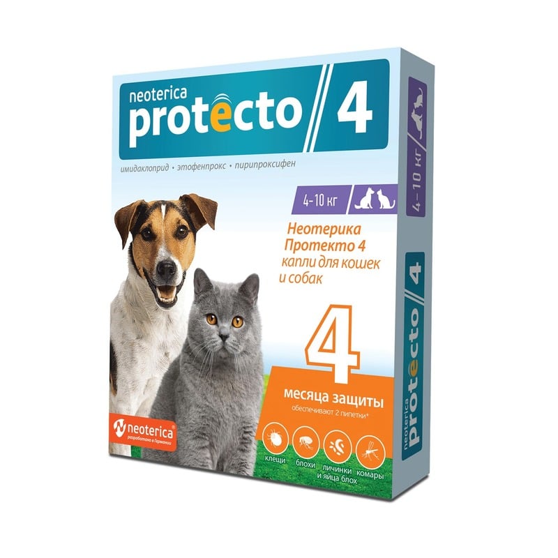 Neoterica Protecto капли от блох и клещей для кошек и собак весом от 4 до 10 кг, 2 пипетки капли на холку для кошек и собак 4 10 кг neoterica protecto пипетка 2 шт