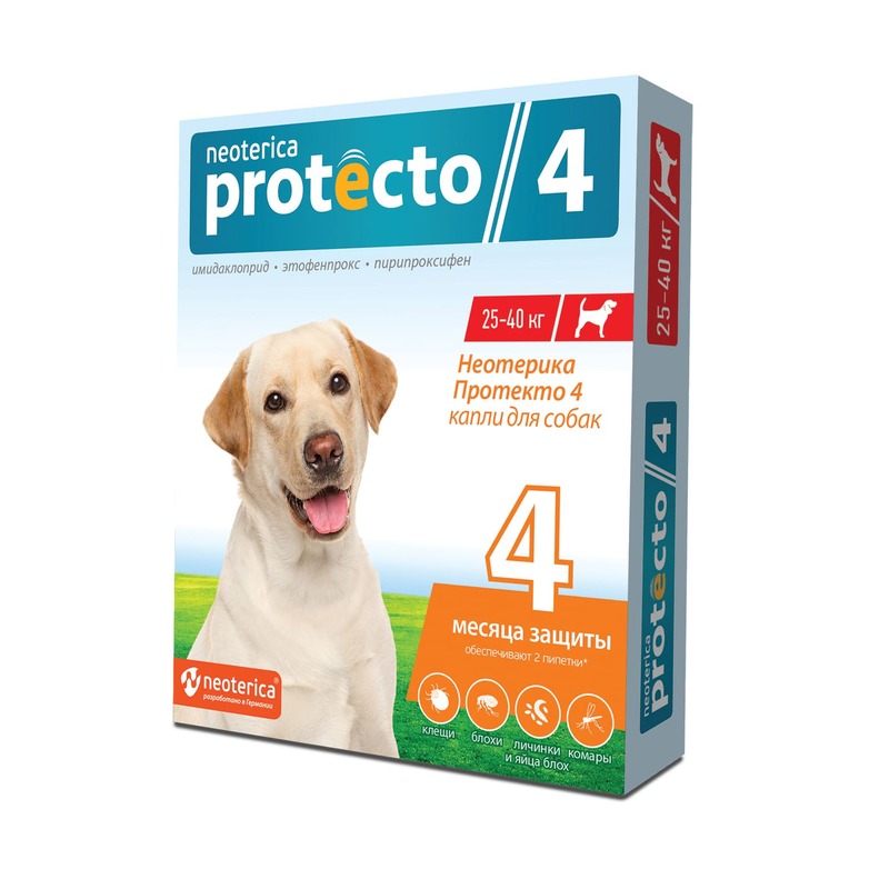 Neoterica Protecto капли от блох и клещей для собак от 25 до 40 кг, 2 пипетки intervet бравекто капли от блох и клещей для собак массой от 40 до 56 кг