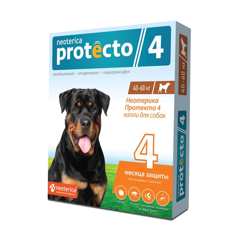 Neoterica Protecto капли от блох и клещей для собак от 40 до 60 кг, 2 пипетки intervet бравекто капли от блох и клещей для собак массой от 40 до 56 кг