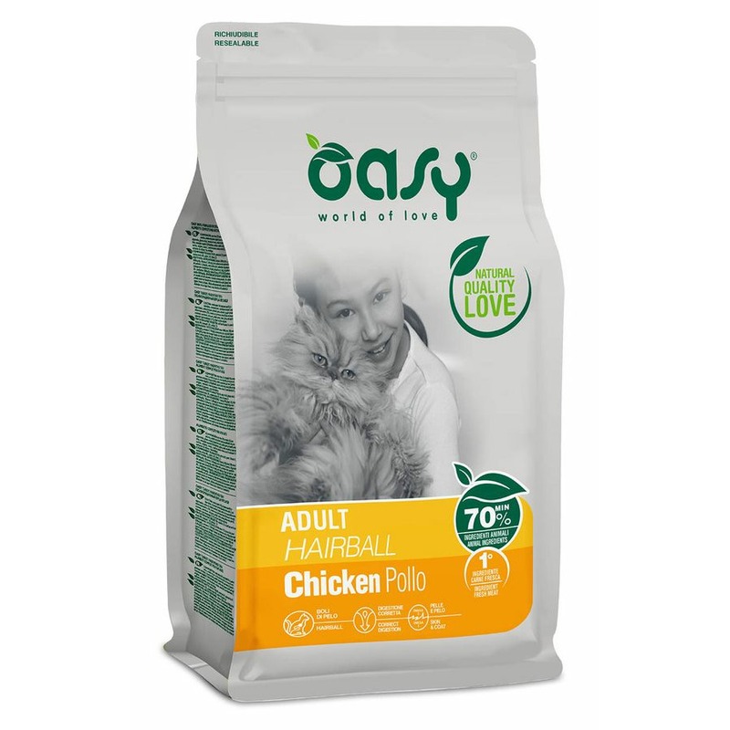 цена Oasy Dry Cat Adult Hairball сухой корм для взрослых кошек для выведения шерсти с курицей - 300 г
