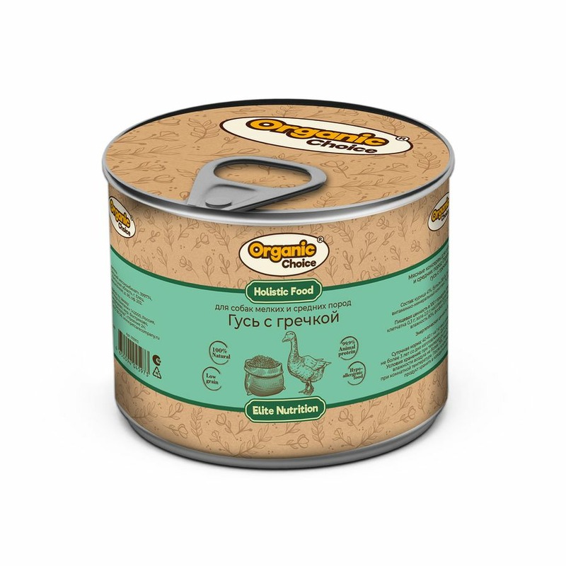 Organic Сhoice влажный корм для собак мелких и средних пород, с гусем и гречкой, в консервах - 240 г