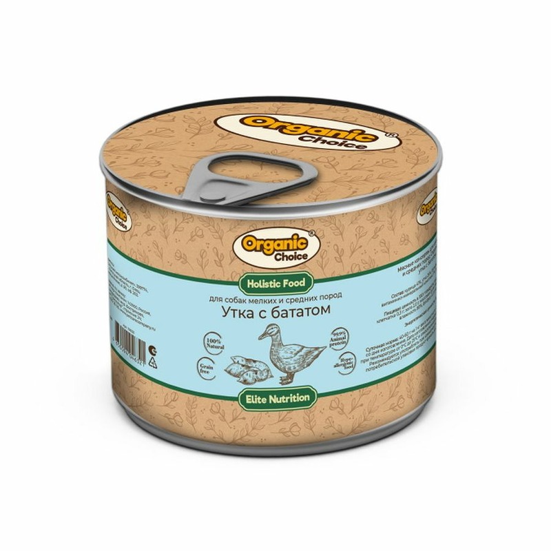 Organic Сhoice влажный корм для собак мелких и средних пород, с уткой и бататом, в консервах - 240 г organic сhoice влажный корм для кошек с уткой и бататом в консервах 240 г