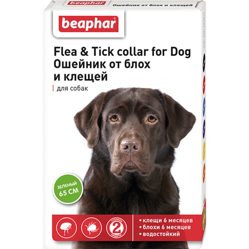 Ошейник Beaphar для собак от блох (6 мес.) и клещей (6 мес.) зеленый - 65 см от вшей для взрослых Нидерланды 1 уп. х 1 шт. х 0.55 кг BEA-69177 - фото 1