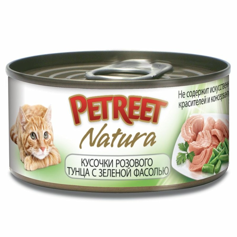 Petreet Natura влажный корм для кошек, с розовым тунцом и зеленой фасолью, кусочки в бульоне, в консервах - 70 г petreet влажный корм petreet для взрослых кошек с кусочками розового тунца с кальмарами 70 г