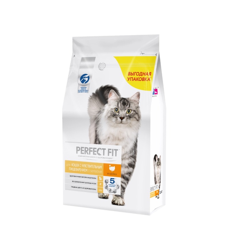 цена Perfect Fit полнорационный сухой корм для кошек с чувствительным пищеварением, с индейкой - 2,5 кг