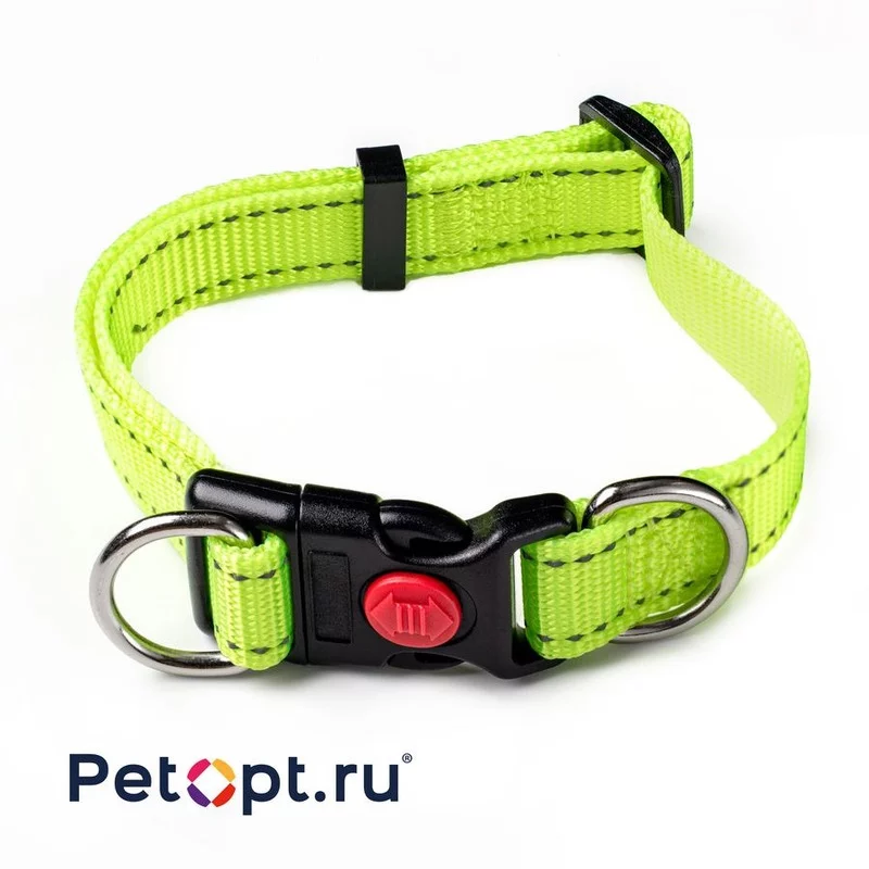 PetOpt Ошейник светоотражающий, нейлон регулируемый, с фиксатором, Флуоресцентный желтый M-25ммХ30-50см Конструкция &quot;два кольца&quot;, фастекс