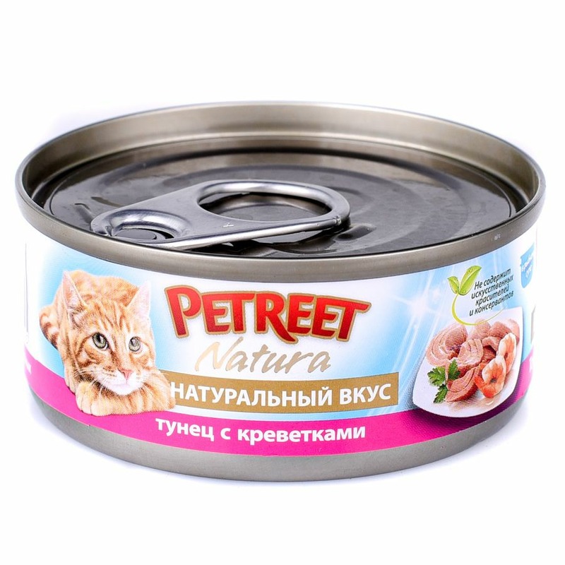 Petreet Natura влажный корм для кошек, с тунцом и креветками, кусочки в бульоне, в консервах - 70 г 32144