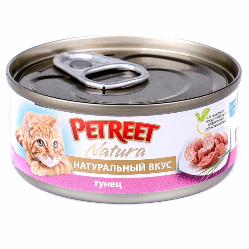 Petreet Natura влажный корм для кошек, с тунцом, кусочки в бульоне, в консервах - 70 г