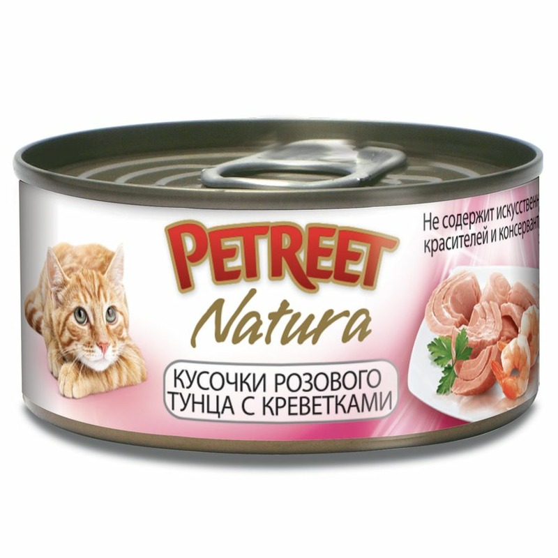 Petreet Natura влажный корм для кошек, с розовым тунцом с креветками, кусочки в бульоне, в консервах - 70 г organic сhoice low grain влажный корм для кошек с тунцом в рыбном бульоне в консервах 70 г
