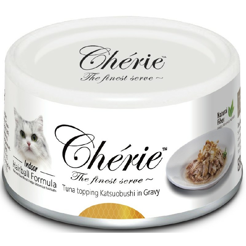 Pettric Cherie Hairball Control влажный корм для кошек, с тунцом и хлопьями копченого тунца-бонито, кусочки в подливе, в консервах - 80 г