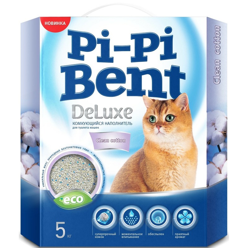 Pi-Pi Bent DeLuxe Clean Cotton комкующийся наполнитель для кошачьих туалетов, с ароматом чистого хлопка 5 кг pi pi bent нежный прованс комкующийся наполнитель для кошачьих туалетов 5 кг