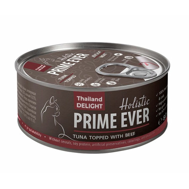 Prime Ever 6B влажный корм для кошек, с тунцом и говядиной, кусочки в желе, в консервах - 80 г