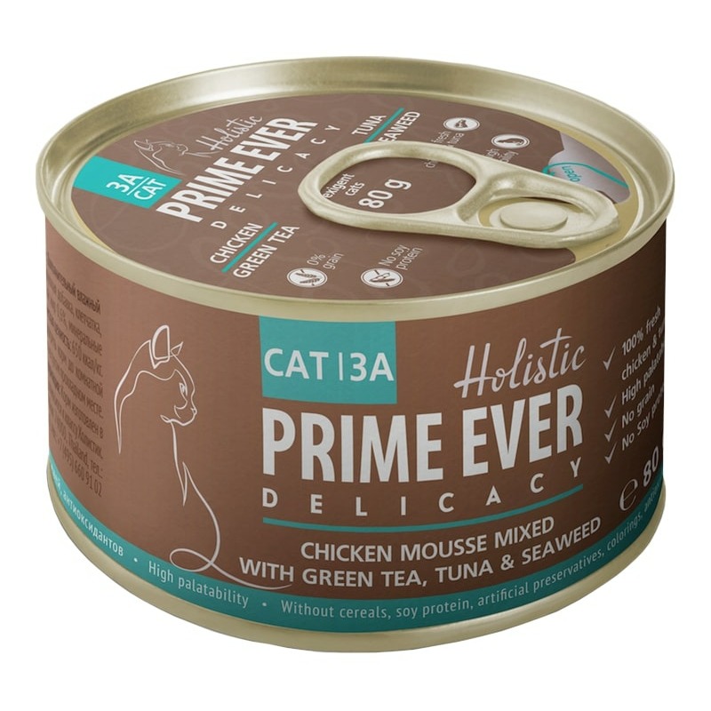 Prime Ever Delicacy влажный корм для кошек, мусс с цыпленком, тунцом, зеленым чаем и водорослями, в консервах - 80 г пудра матирующая palladio 4ever ever с прозрачным зеленым чаем