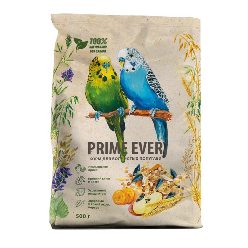 Prime Ever сухой корм для волнистых попугаев, для поддержания оптимального веса - 500 г для всех возрастов для всех пород мешок 1 уп. х 1 шт. х 0.5 кг, размер Для всех пород