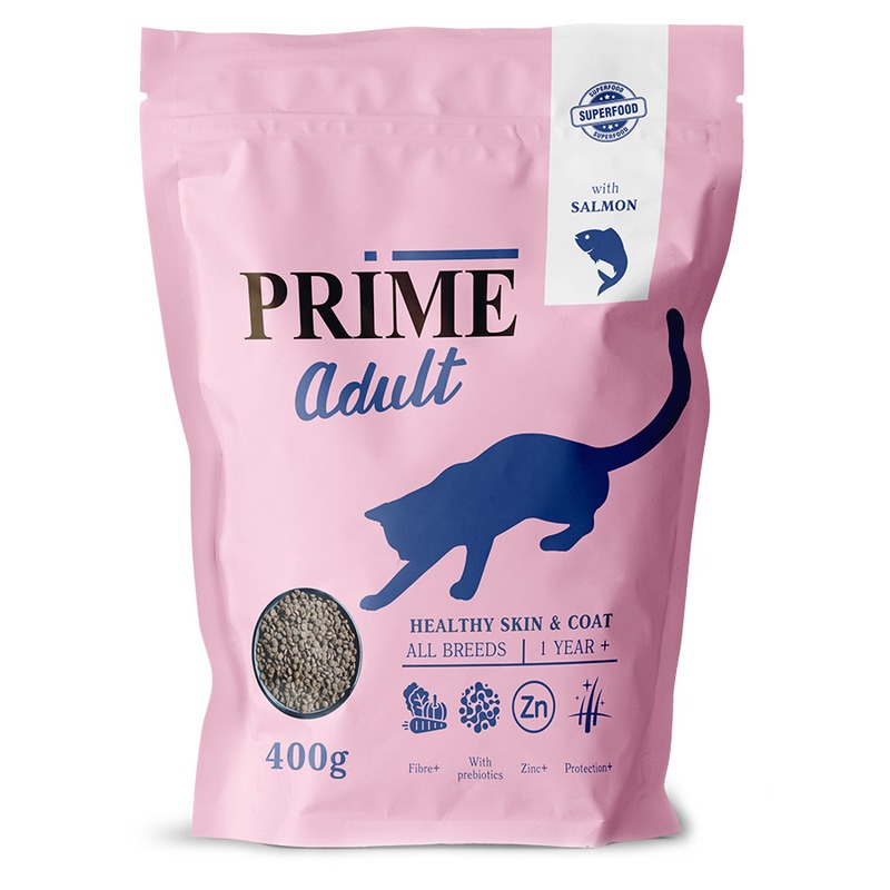 цена Prime Healthy Skin & Coat сухой корм, для кошек, для кожи и шерсти, низкозерновой, с лососем - 400 г