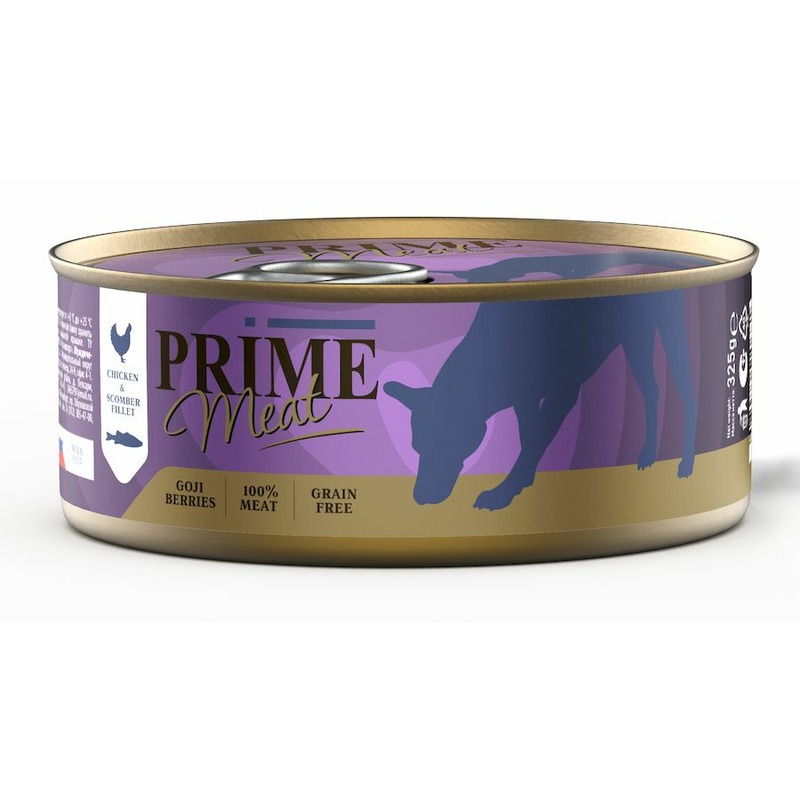 Prime Meat влажный корм для собак, беззерновой, курица со скумбрией, филе в желе, в консервах - 325 г