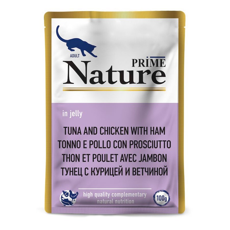Prime Nature влажный корм для кошек, с тунцом, курицей и ветчиной, кусочки желе, в паучах - 100 г