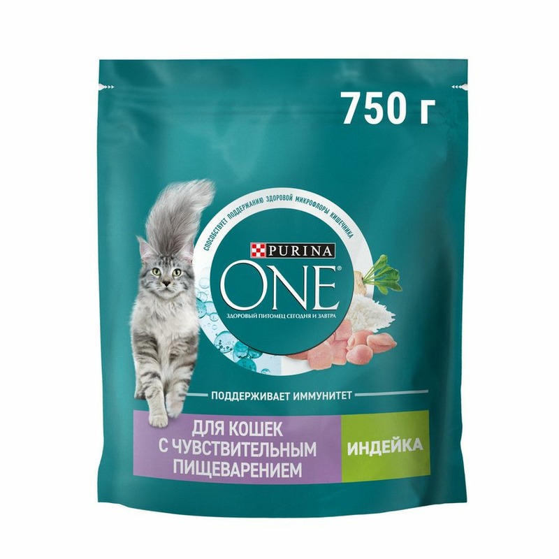 Purina ONE Sensitive сухой корм для кошек с чувствительным пищеварением, с высоким содержанием индейки и рисом - 750 г 32177