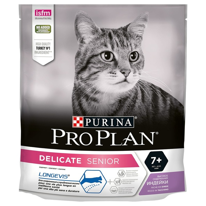 Pro Plan Cat Senior Delicate полнорационный сухой корм для пожилых кошек старше 7 лет, с чувствительным пищеварением или особыми предпочтениями в еде, с индейкой - 400 г