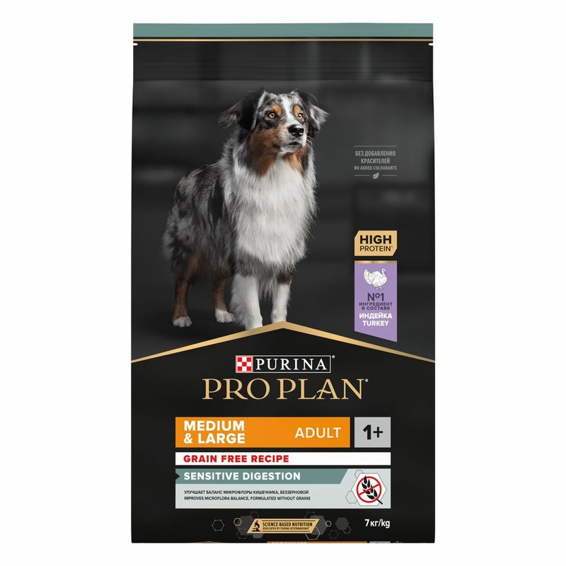 Pro Plan Grain Free сухой корм для собак средних и крупных пород с чувствительным пищеварением, беззерновой, с высоким содержанием индейки - 7 кг, размер Породы крупного размера 74138 - фото 1