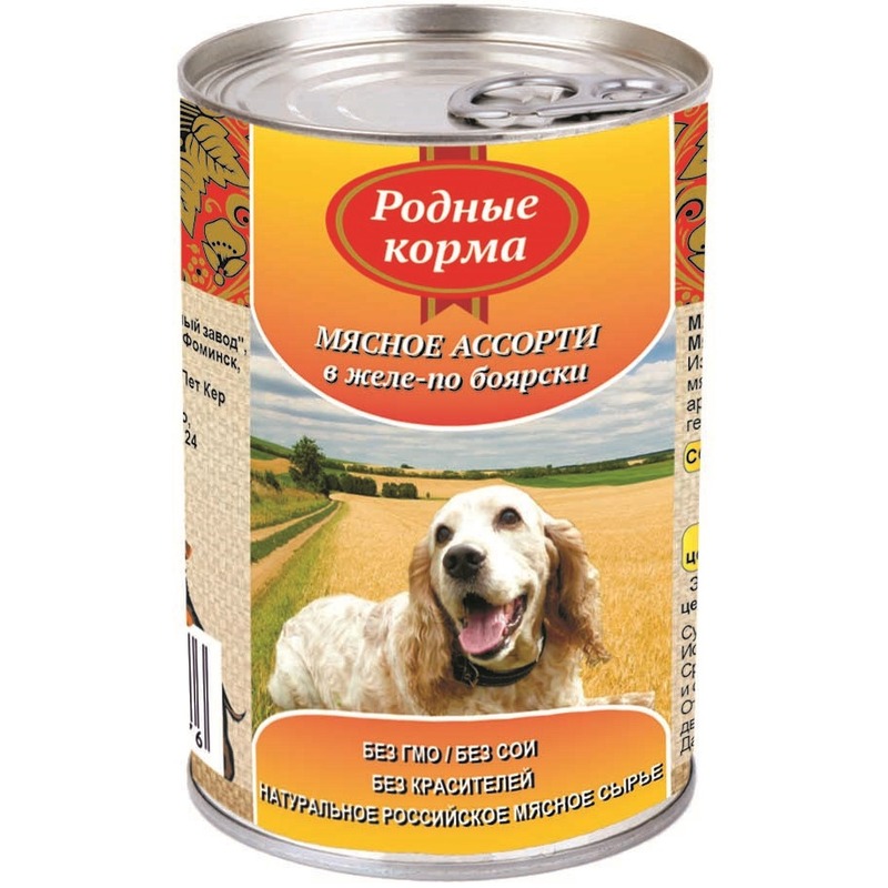 Родные корма влажный корм для собак, фарш из мясного ассорти по-боярски в желе, в консервах - 410 г цена и фото