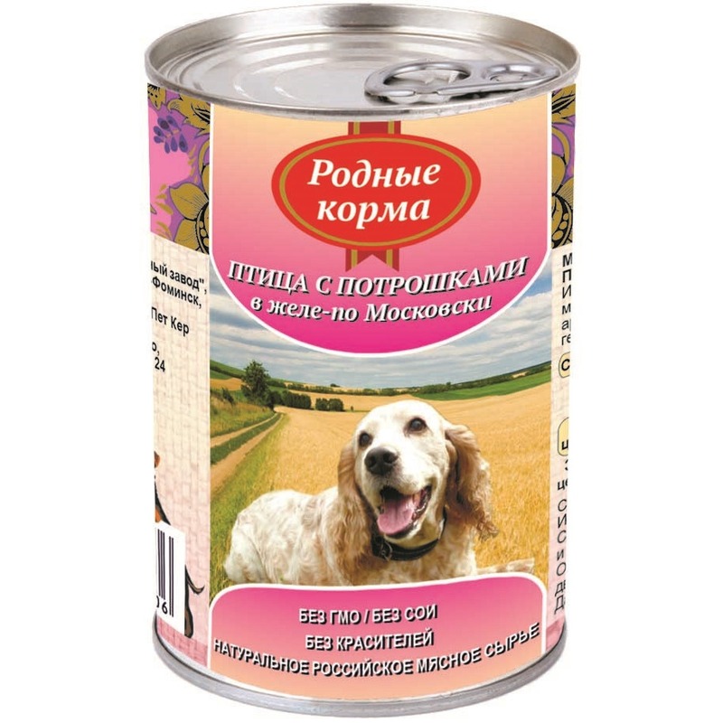 Родные корма влажный корм для собак, фарш из птицы с потрошками по-московски в желе, в консервах - 410 г цена и фото