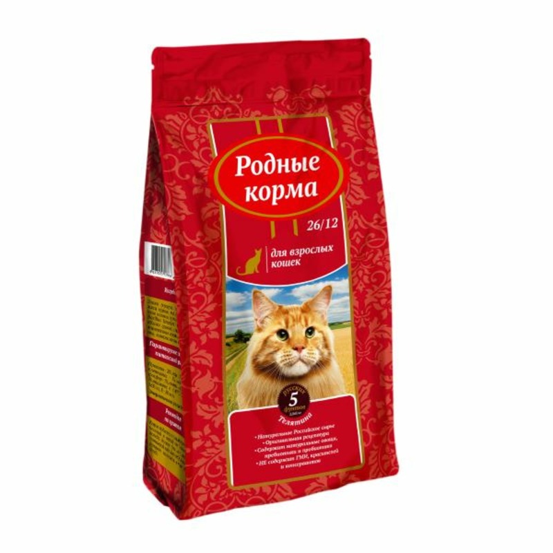Родные корма 26/12 полнорационный сухой корм для кошек, с телятиной - 2,045 кг
