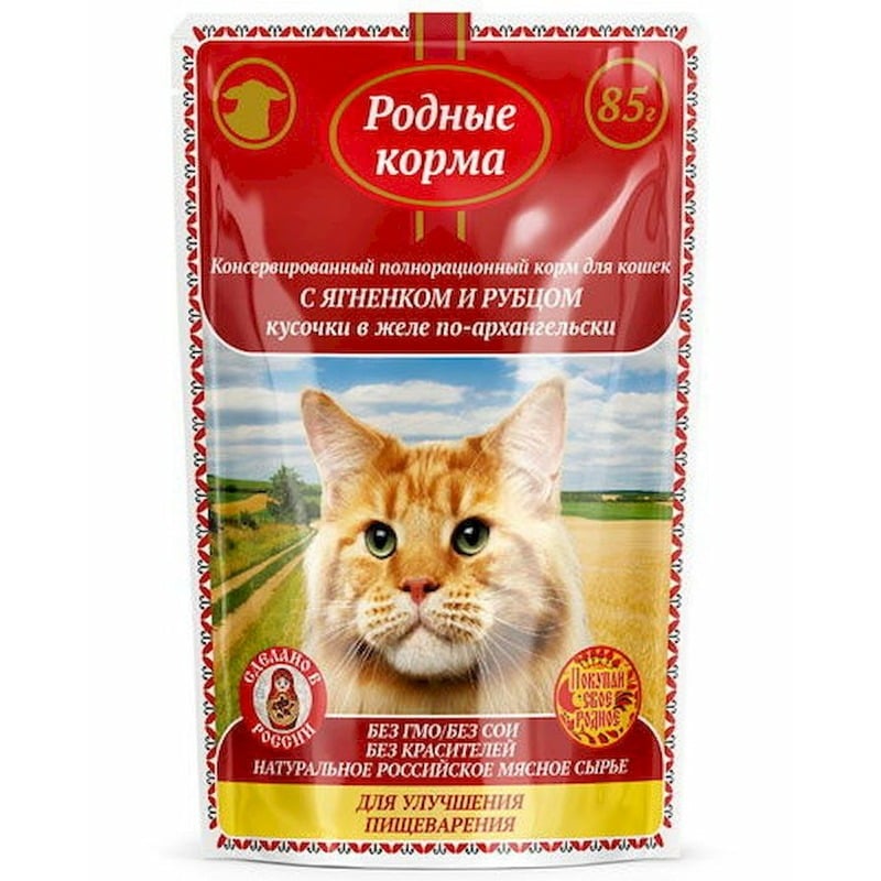 Родные корма влажный корм для кошек, для улучшения пищеварения, с ягнёнком и рубцом, кусочки в желе по-архангельски, паучах - 85 г