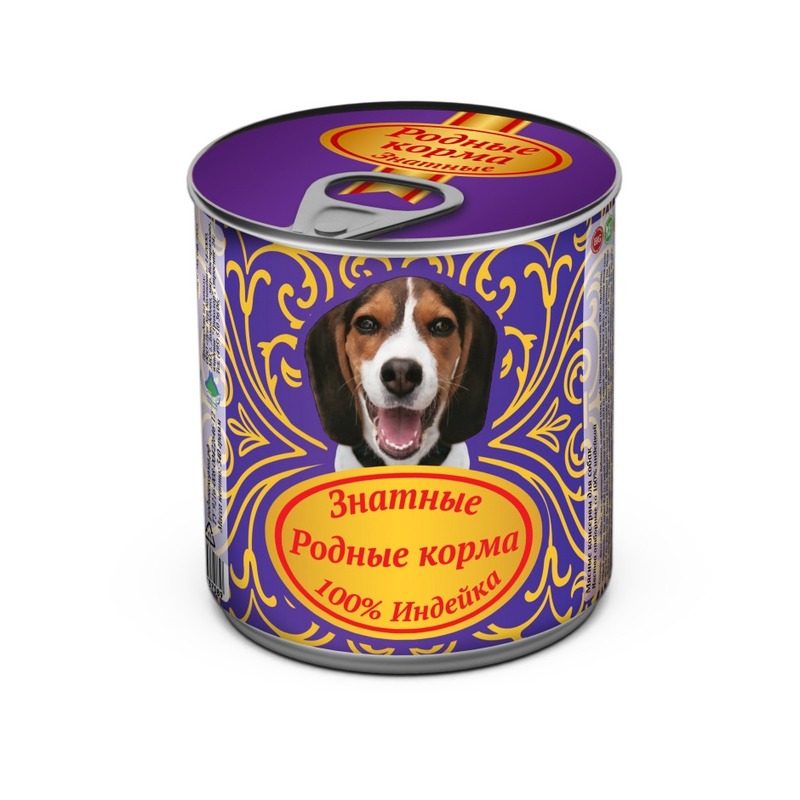 Родные корма Знатные влажный корм для собак, с индейкой, кусочки в желе, в консервах - 340 г цена и фото