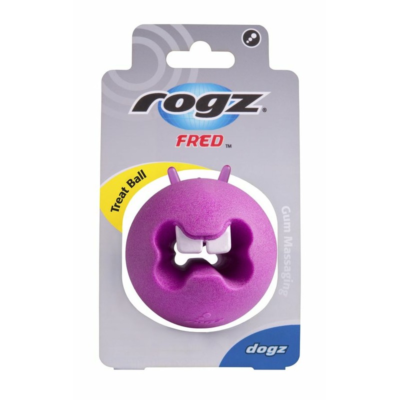 Rogz мяч пупырчатый с \зубами\ для массажа десен с отверстием для лакомств FRED, 64 мм, розовый