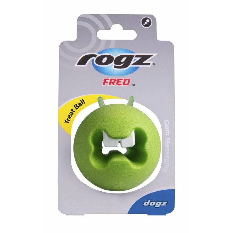 цена Rogz мяч пупырчатый с \зубами\ для массажа десен с отверстием для лакомств FRED, 64 мм, лайм