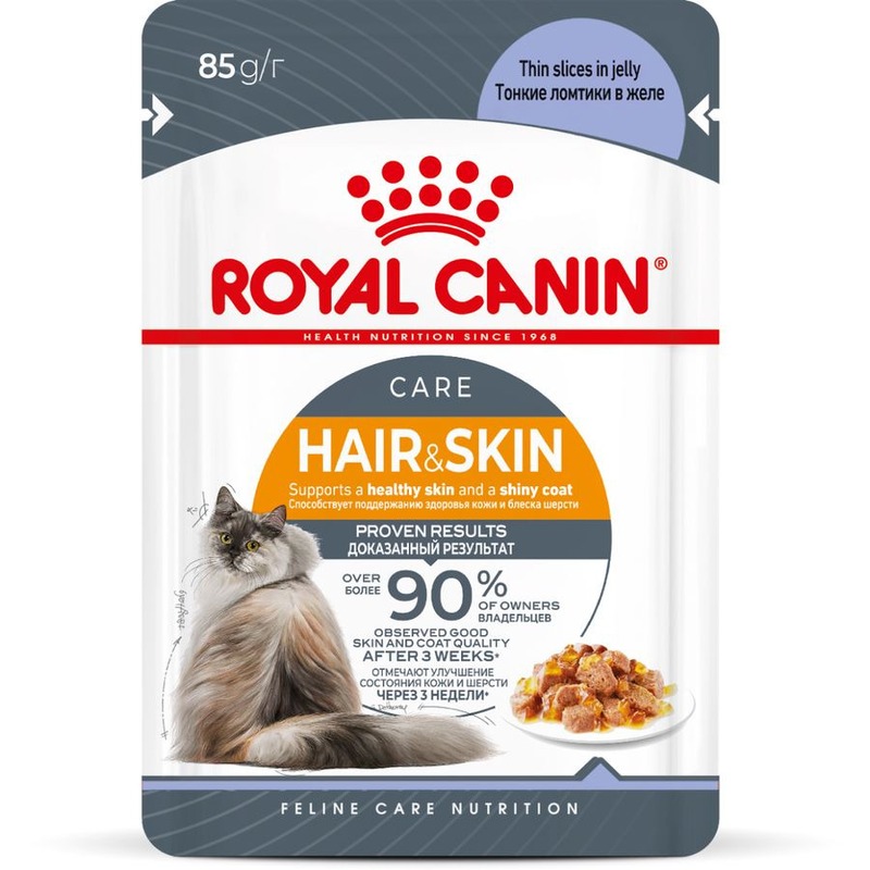 Royal Canin Hair&Skin Care полнорационный влажный корм для взрослых кошек с чувствительной кожей или проблемной шерстью, кусочки в желе, в паучах - 85 г royal canin skin