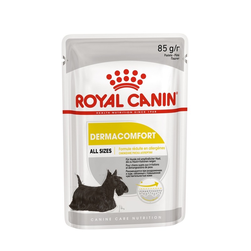 Royal Canin Dermacomfort полнорационный влажный корм для взрослых собак с чувствительной кожей, при раздражениях и зуде кожи, связанных с повышенной чувствительностью, паштет, в паучах - 85 г 30361