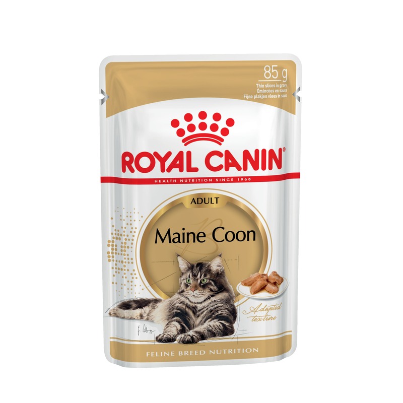 цена Royal Canin Maine Coon Adult полнорационный влажный корм для взрослых кошек породы мэйн-кун старше 15 месяцев, кусочки в соусе, в паучах - 85 г