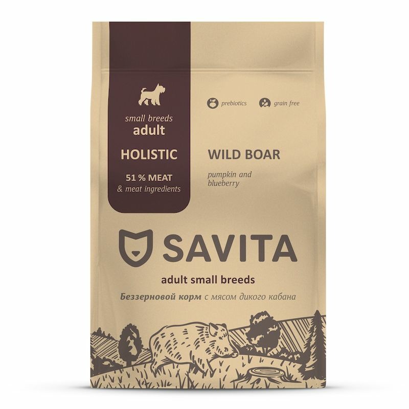 Savita сухой корм для взрослых собак малых пород, с мясом дикого кабана - 1 кг, размер Породы мелкого размера SAV-62407 - фото 1