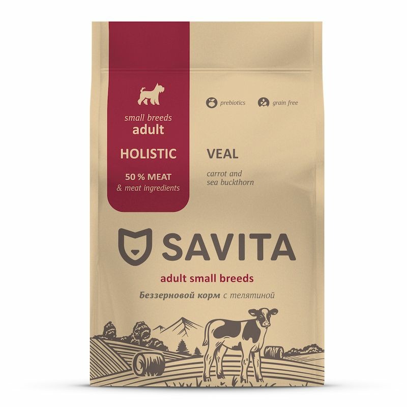 Savita сухой корм для взрослых собак малых пород, с телятиной - 1 кг, размер Породы мелкого размера SAV-62398 - фото 1