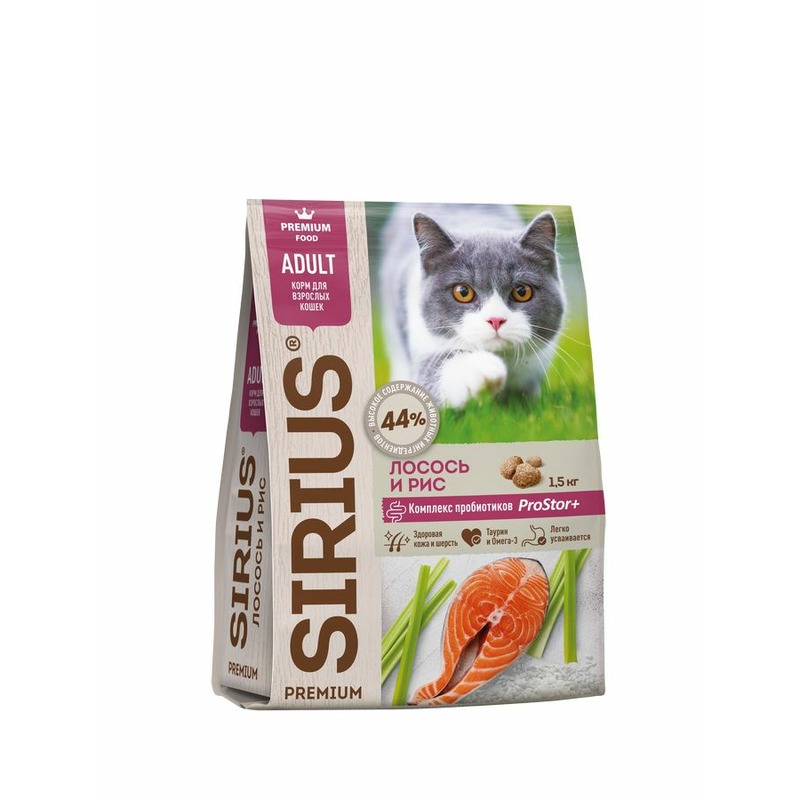 Sirius сухой корм для взрослых кошек с лососем и рисом - 1,5 кг 45364