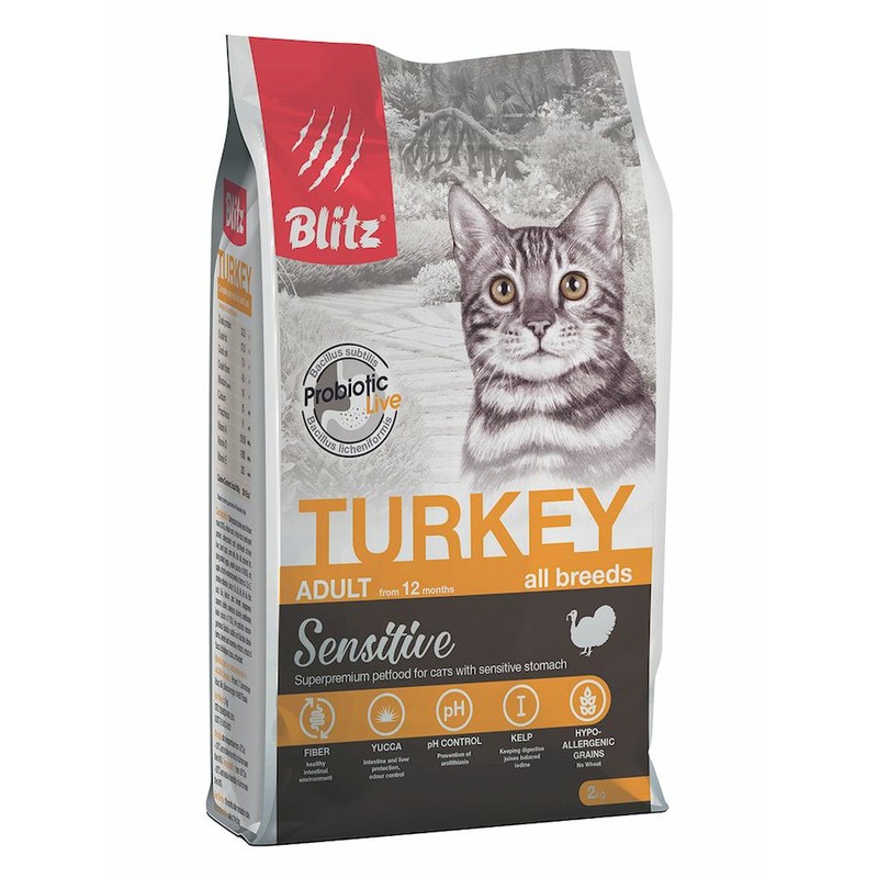 Blitz Sensitive Adult Cats Turkey полнорационный сухой корм для кошек, с индейкой - 2 кг цена и фото