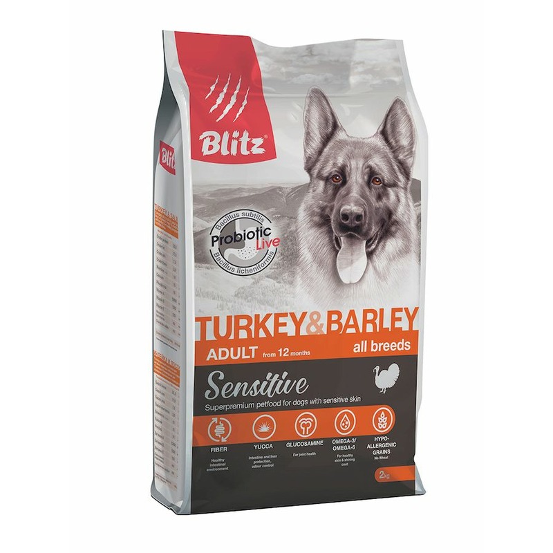 Blitz Sensitive Adult Turkey & Barley полнорационный сухой корм для собак, с индейкой и ячменем - 2 кг blitz sensitive adult turkey