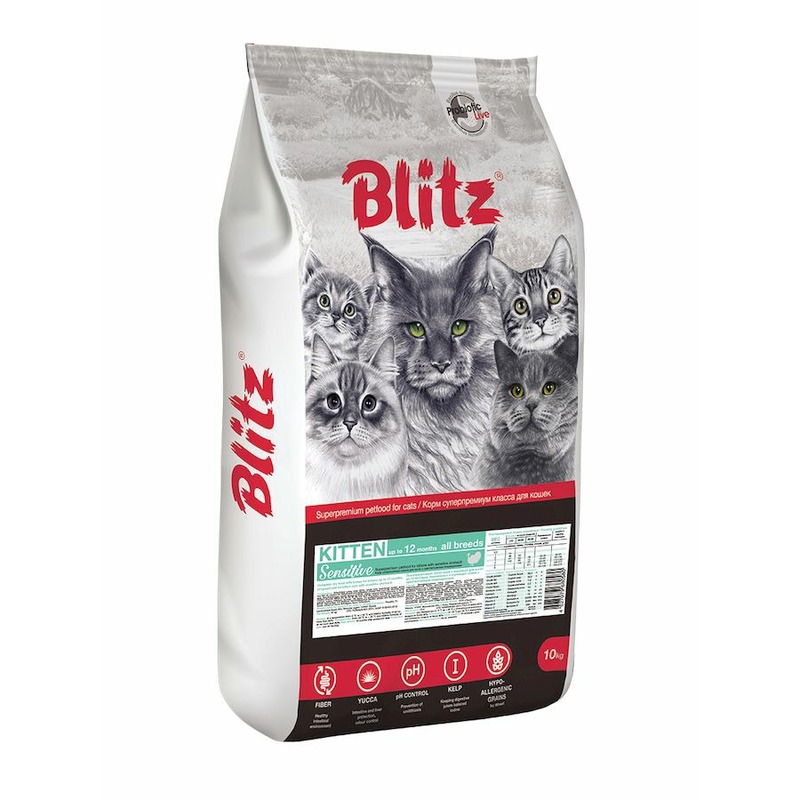 Blitz Sensitive Kitten полнорационный сухой корм для котят, беременных и кормящих кошек, с индейкой сухой корм blitz beef