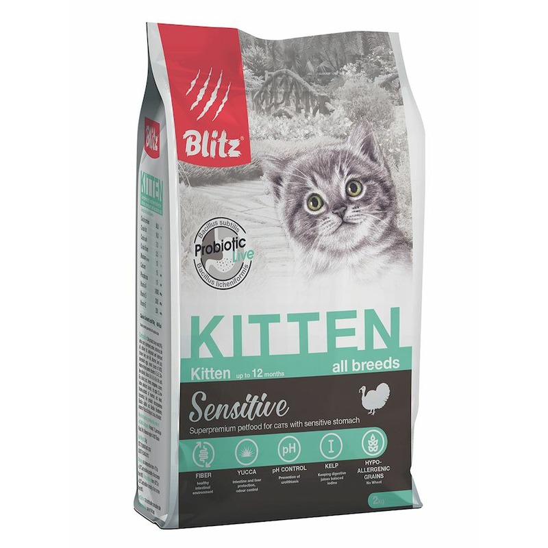 Blitz Sensitive Kitten полнорационный сухой корм для котят, беременных и кормящих кошек, с индейкой - 2 кг сухой корм blitz beef