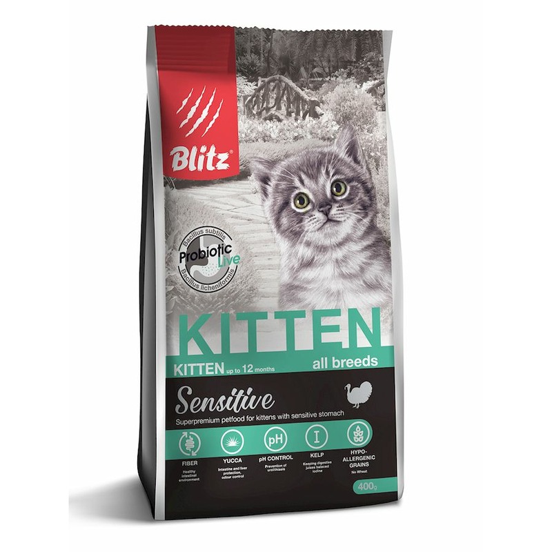 Blitz Sensitive Kitten полнорационный сухой корм для котят, беременных и кормящих кошек, с индейкой - 400 г