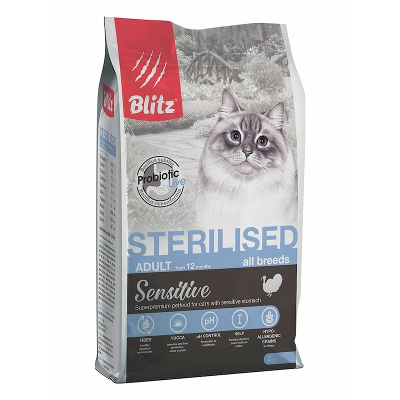 цена Blitz Sensitive Sterilised Cats полнорационный сухой корм для стерилизованных кошек, с индейкой - 2 кг