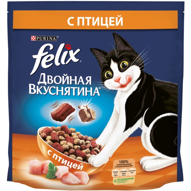 цена Felix Двойная вкуснятина полнорационный сухой корм для кошек, с птицей