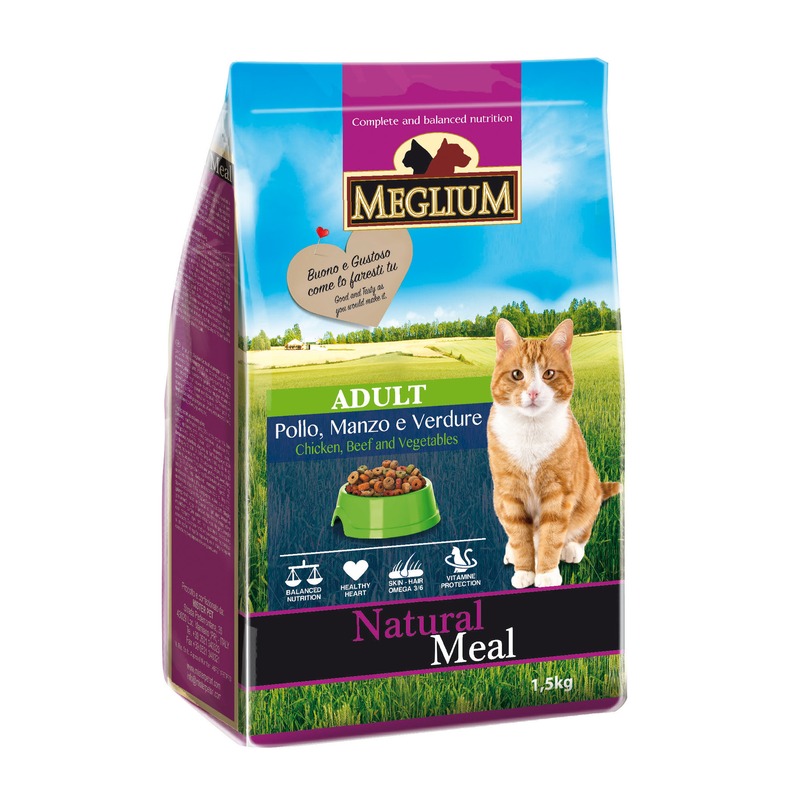 Фото - MEGLIUM Сухой корм Meglium Adult для взрослых кошек с говядиной, курицей и овощами - 1,5 кг meglium сухой корм meglium adult для взрослых кошек с чувствительным пищеварением с рыбой 1 5 кг