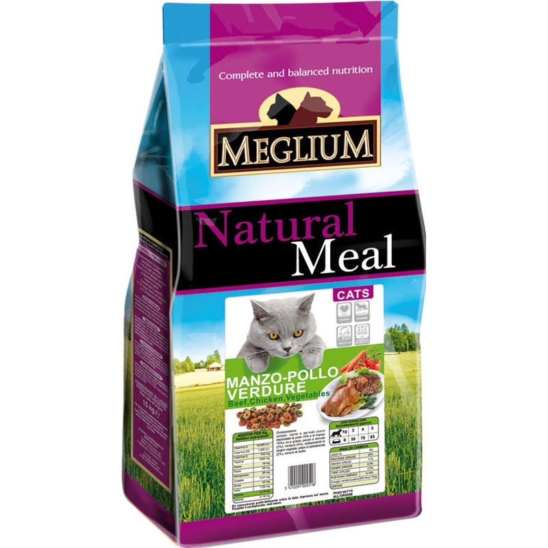 Сухой корм Meglium Adult для взрослых кошек с говядиной, курицей и овощами сухой корм meglium adult для привередливых кошек с курицей и индейкой